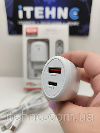 Мережевий ЗП XO L114 Lightning dual port 1Type-C+1USB PD20W/QC18W зі світлодіодом Швидка зарядка (Білий), фото 1