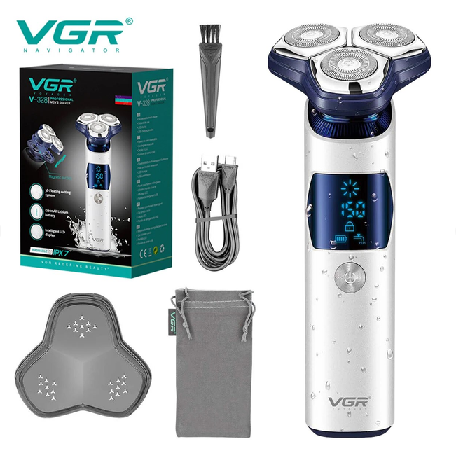 Електробритва VGR-V-328 роторна для вологого і сухого гоління з плаваючими головками. Водонепроникна, фото 1