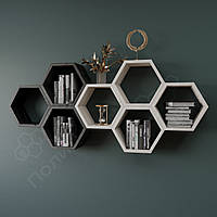 Чорно-біла дерев'яна полиця, полиці соти 115 см. Полиця із 7-ми соти для книг та декору. Чорний/Білий