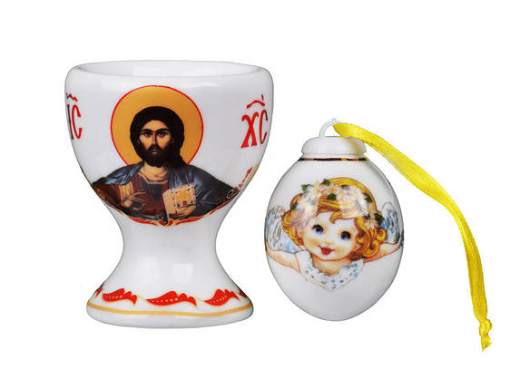 Підставка фарфорова під яйце + сольниця 2 предмети Святий 6 см 1943-091 VE, фото 1