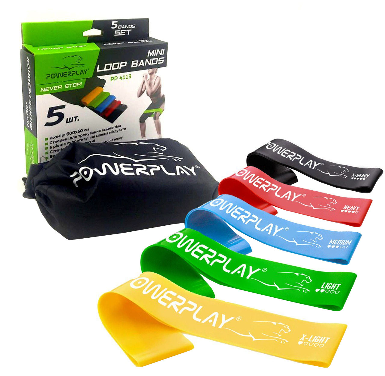 Набір резинок для фітнесу PowerPlay PP-4113, латексні, 5 шт., опір 1–20 кг – для фітнесу та реабілітації, фото 1