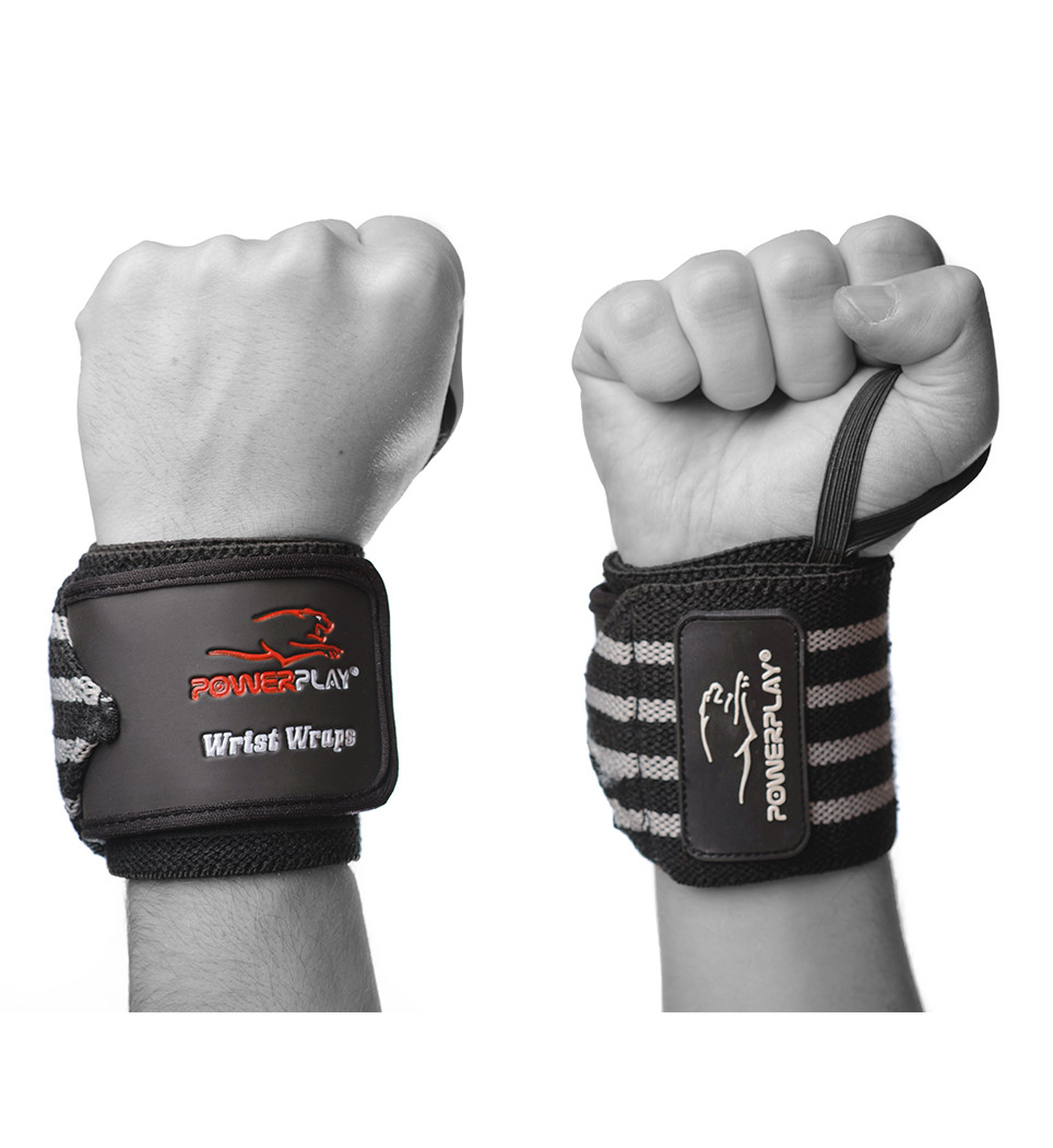 Бинти для зап’ясть PowerPlay PP-3081, Сірі (пара) – для фіксації зап’ястя і силових тренувань