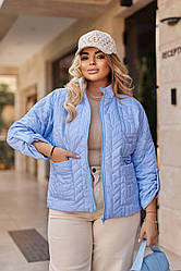 Блакитна жіноча батальна осіння стьобана куртка з плащової тканини на блискавці з кишенями з боків
