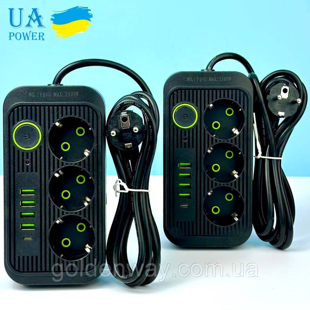 Мережевий фільтр подовжувач UA Power F09U на 3 розетки + 4USB+Type-C довжина кабеля 4 метра