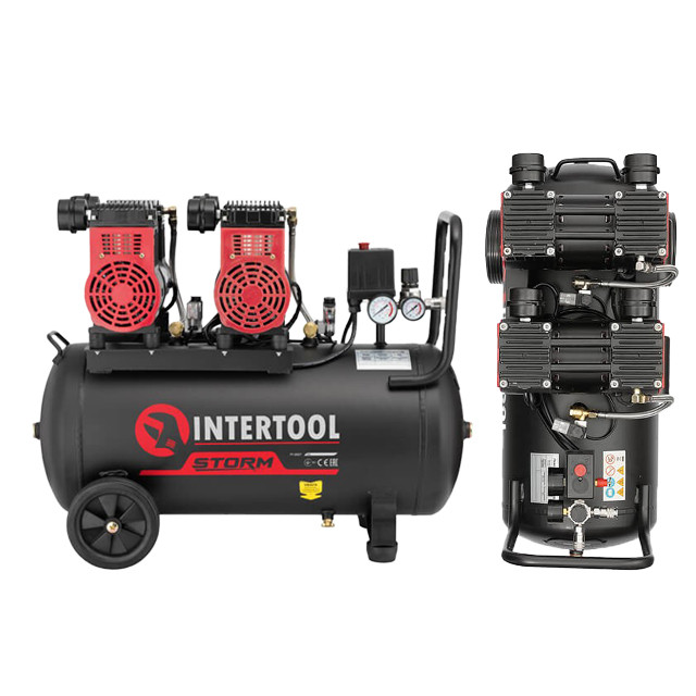 Компресор 50 л, 8атм, 320 л/хв, 1400 об/хв, малошумний, безмасляний, 4 циліндра INTERTOOL PT-0027, фото 1