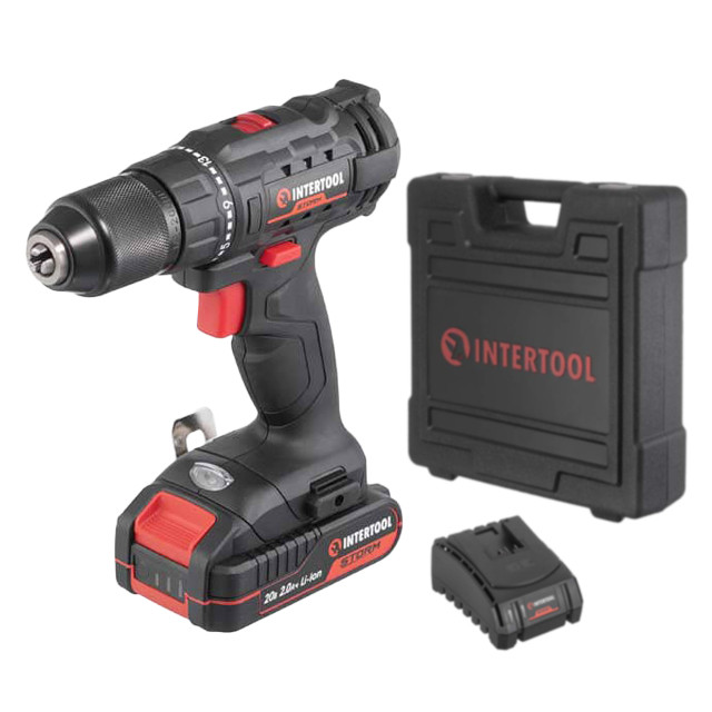 Дриль-шурупокрут акумуляторний 20 В, 35 Nm, 2-13 мм, літій-іон, 2.0 А·год, ЗП 2 А, кейс INTERTOOL WT-0350, фото 1