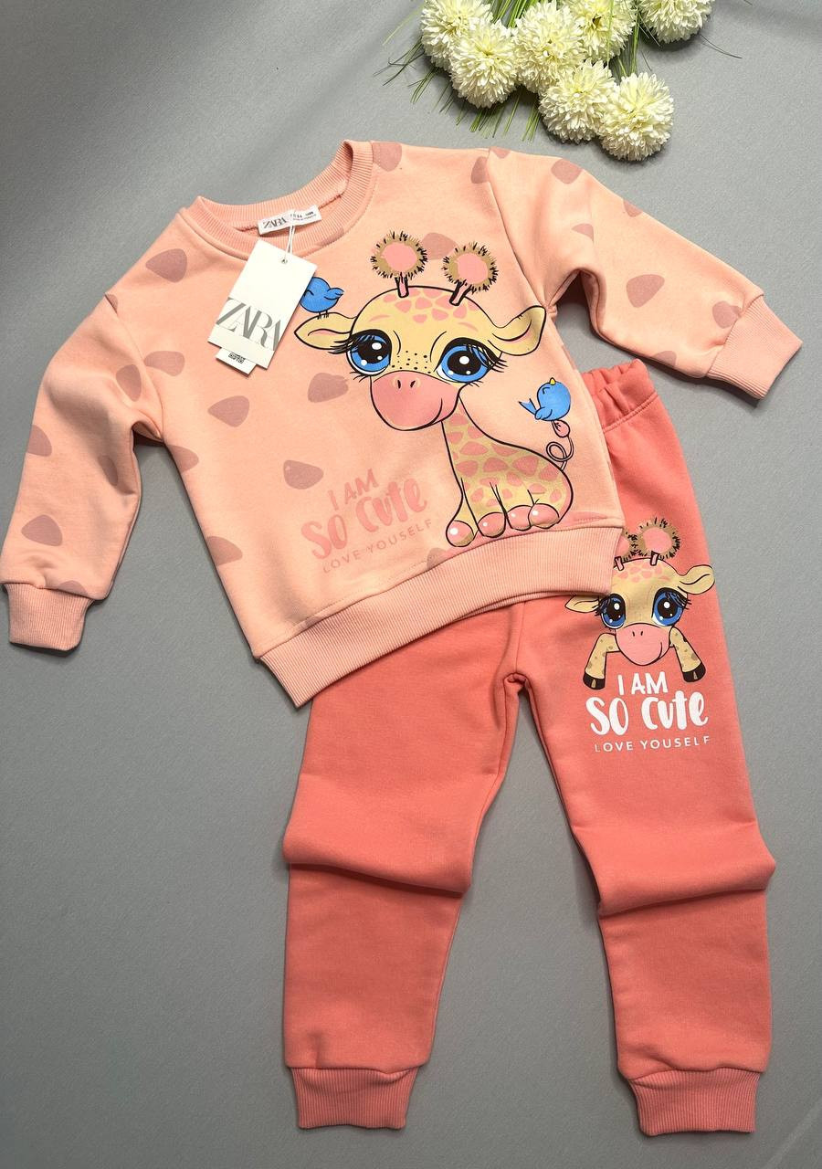 Костюм для дівчинки без начісу Zara Туреччина, світшот та лосини з принтом жирафа, зріст 98 см, фото 1