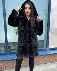 Шуба з натурального хутра норки 90 см. З капюшоном, колір чорний