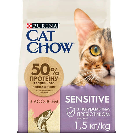 АКЦІЯ Cat Chow Sensitive сухий корм з лососем для котів з чутливим травленням та шкірою 1,5 кг, фото 1