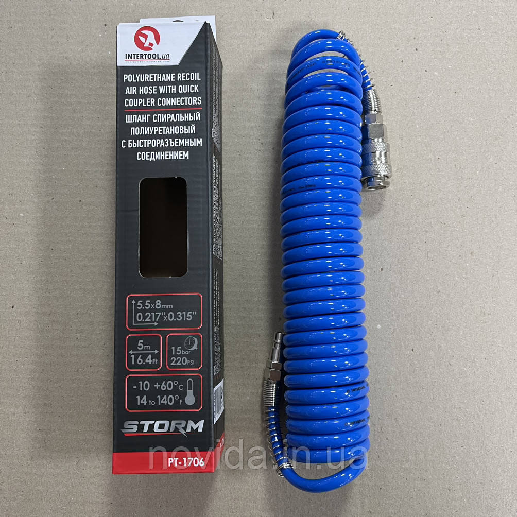 Шланг спіральний поліуретановий 5,5 x 8 мм, 5 м INTERTOOL PT-1706