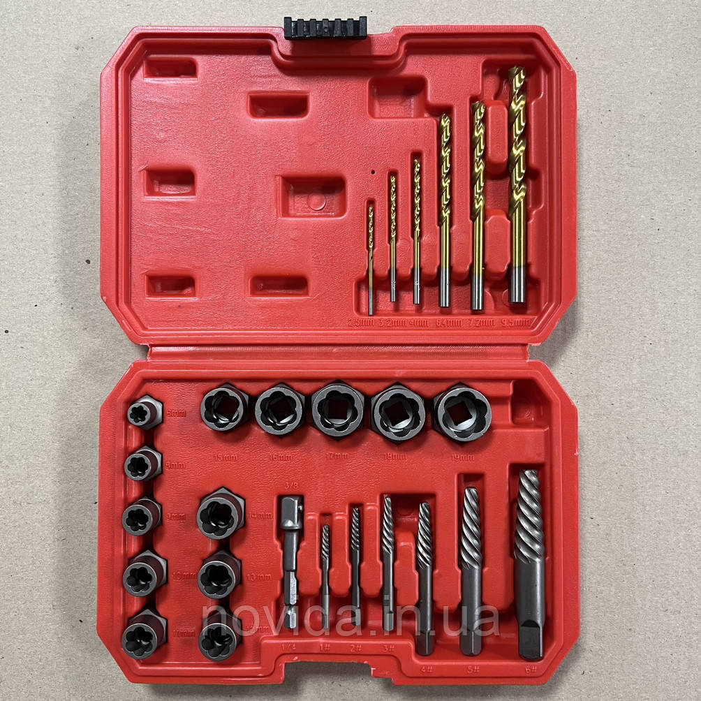 Набір екстракторів та свердлів для пошкоджених болтів та гайок, 26шт INTERTOOL SD-8009