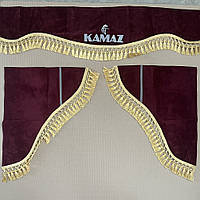 Штори кабіни КАМАЗ бордові L-220см (ламбрекен лобового скла, куточки бокового скла) напис світловідбиваючий