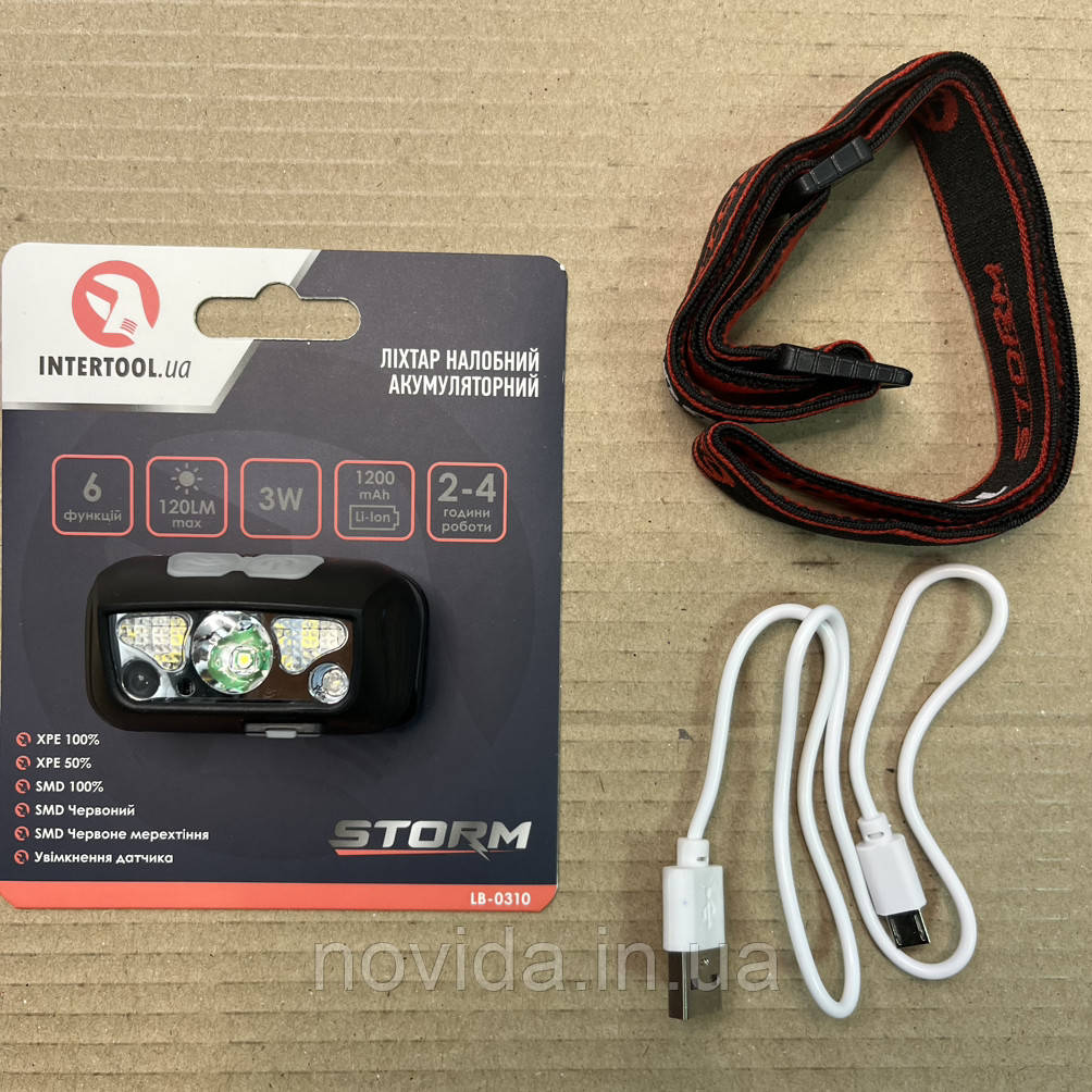 Ліхтар налобний акумуляторний XPE+2SMD+2RED SMD, 6 режимів роботи, сенсор, STORM INTERTOOL LB-0310
