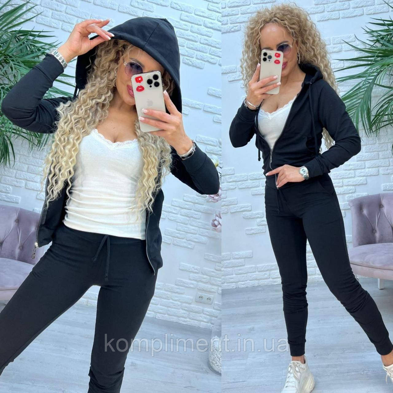 Жіночий весняний спортивний костюм із капюшоном, чорний SE — 6114