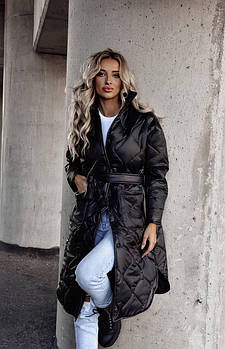 Куртка-пальто жіноча стьобана з поясом утеплювач силікон