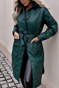 Куртка-пальто жіноча стьобана з поясом утеплювач силікон