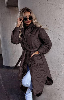 Куртка-пальто жіноча стьобана з поясом утеплювач силікон