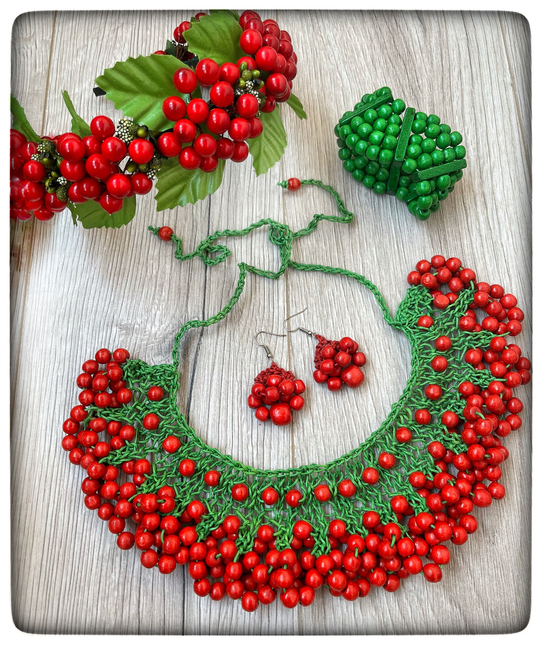 Обруч для волосся Калина. Сережки Розкіш. Намисто Фантазія. Браслет Радість., фото 1