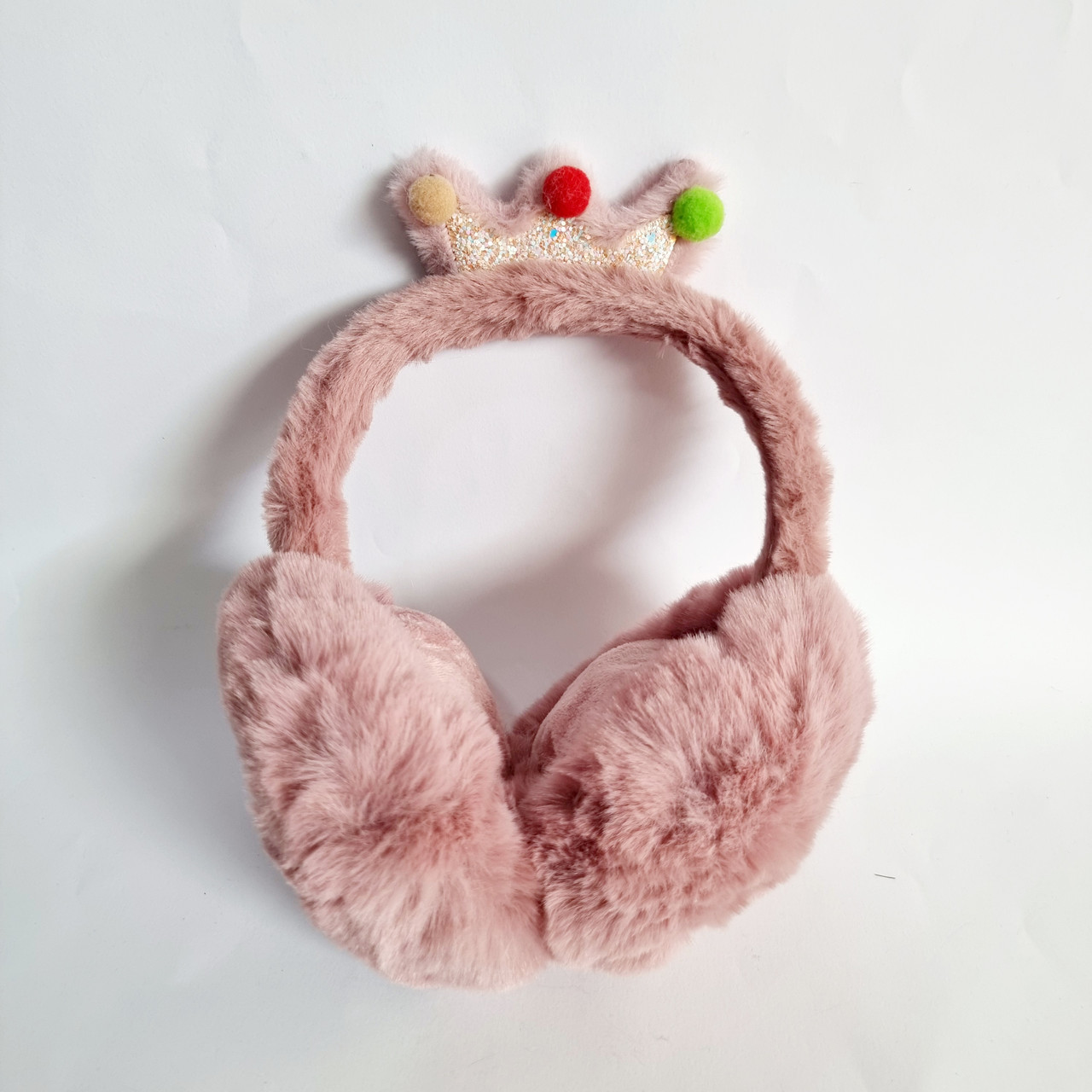 Хутряні навушники Пушистики з коронкою пудрові, об'єм 52-56 см