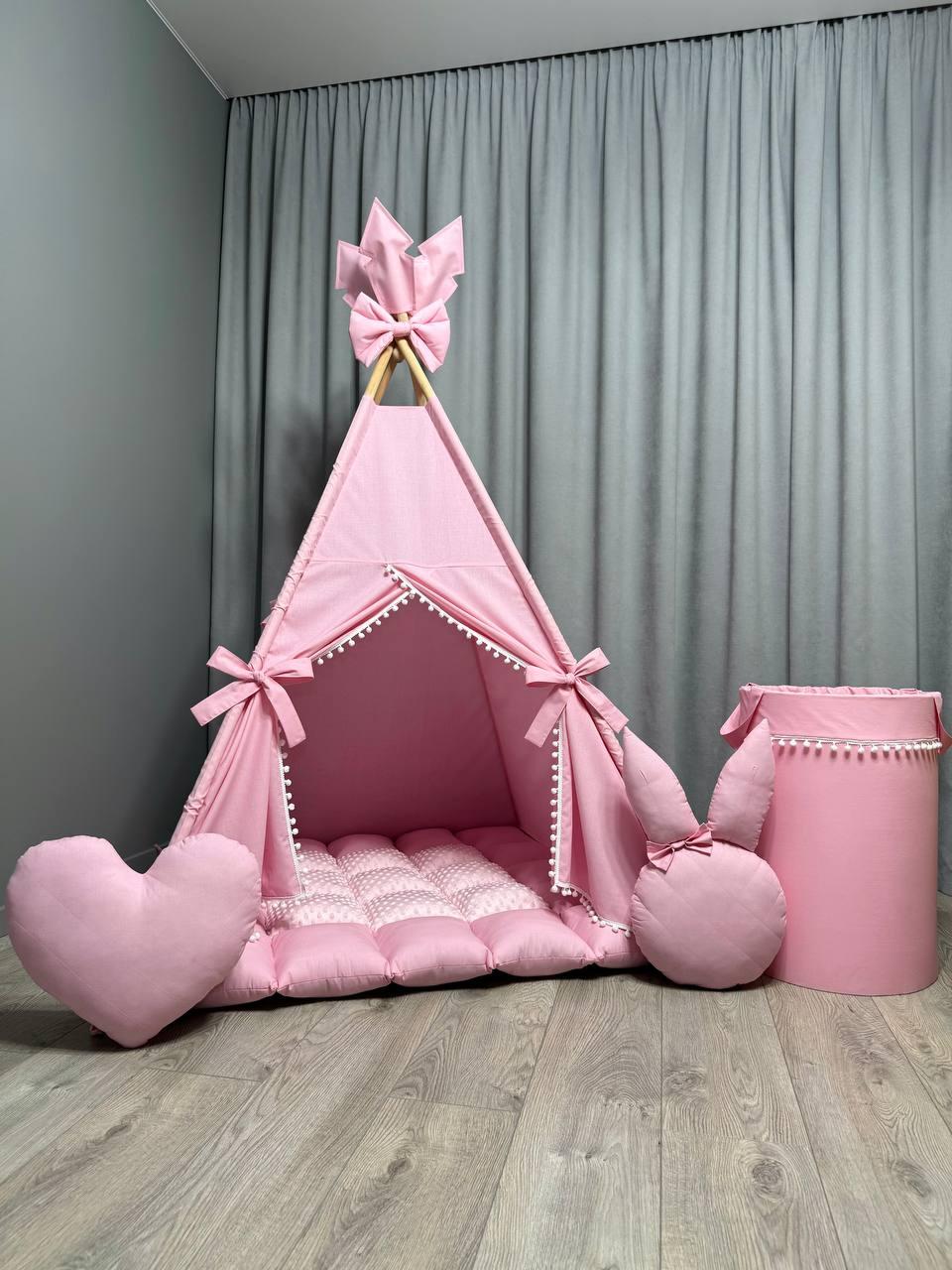 Вігвам Рожевий світ 3 БОНБОН + Плюш minky з Корзиною Повний комплект,вігвам для дівчинки, вігвам для дітей, дитяча палатка, вігвам, фото 1