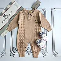 Дитячий бежевий в'язаний чоловічок Берберри, ромпер для новонароджених