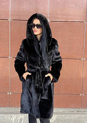 Шуба-халат норкова натуральне незбиране хутро, колір чорний із капюшоном 100 см.