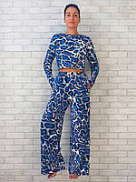 Домашний женский костюм - пижама опт короткая кофта - топ с длинным рукавом и широкие штаны леопард р.44 48 52