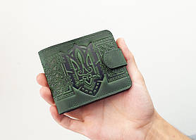 Чоловічий шкіряний гаманець з Тризубом | Гаманець з Гербом України зелений