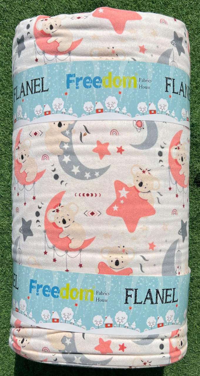 Дитяча постільна тканина 240 см Фланель (байка) 100% бавовняна біла з малюнком ведмедики на Місяці та зірочки, у рулоні 25 м