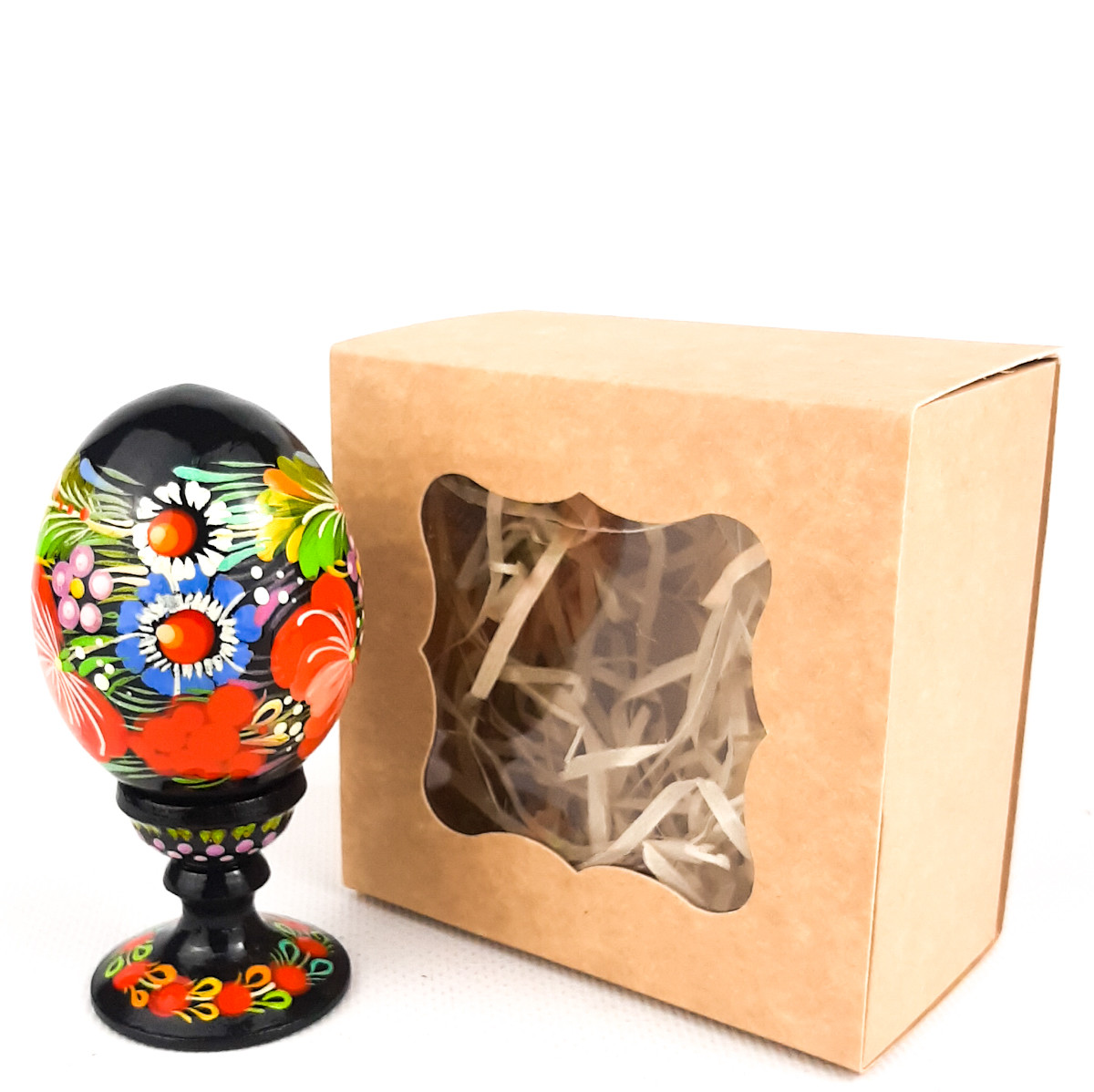Писанка яйце Петриківський розпис ЯСКРАВІ КВІТИ h 9 см Великодній декор статуетка з дерева Український сувенір, фото 1