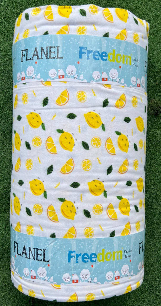 Бавовняна тканина 240 см для постільної білизни Фланель (байка) біла набивна з малюнком лимони, рулон 25 м