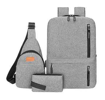 Чоловічий рюкзак 3в1 з сумкою через плече і гаманцем /  Рюкзак для ноутбука з USB / Міський рюкзак Сірий