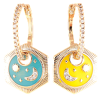 Сережки Xuping колір 18K підвіски на колечках «Візерунок Зоряна ніч жовто-блакитною емаллю» 2 в 1