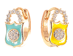 Сережки Xuping колір 18K колечка «Замочки з кристалами і жовто-блакитною емаллю»