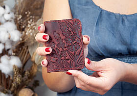 Обкладинка для ID паспорта жіноча шкіряна бордова з лавандою. Обкладинка на права жіноча