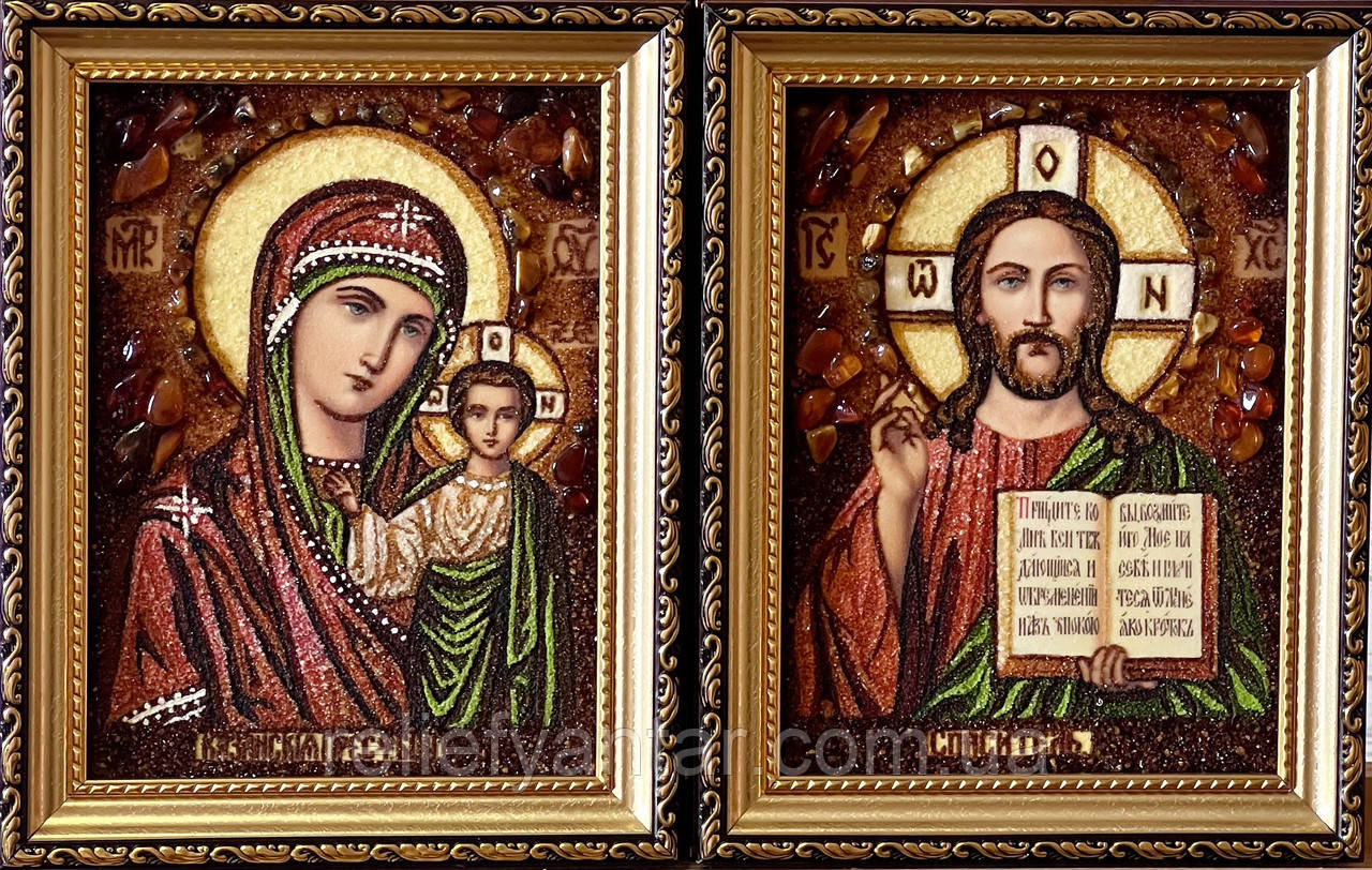 Пара з бурштину Казанська, Вінчальна пара ікон з бурштину "Казанська" 15x20 см