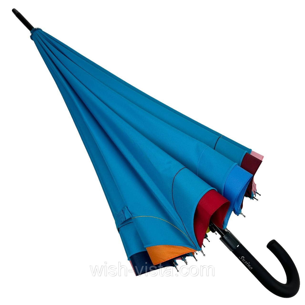 Жіноча парасолька-тростина напівавтомат на 16 спиць від Susino з різнобарвними краями бірюзова Sys 031087-3, фото 1