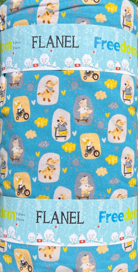 Дитяча постільна тканина 240 см щільна блакитна набивна Фланель (байка) 100% бавовна з принтом звірята, рулон 25 м