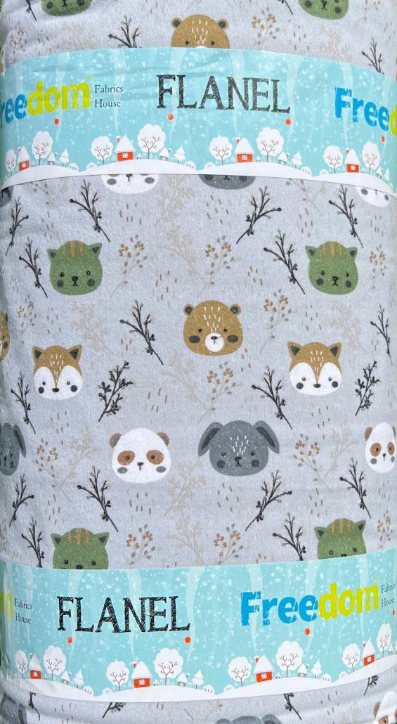 Дитяча постільна сіра Фланель (байка) 100% бавовняна 240 см з малюнком лісові звірята, у рулоні 25 м