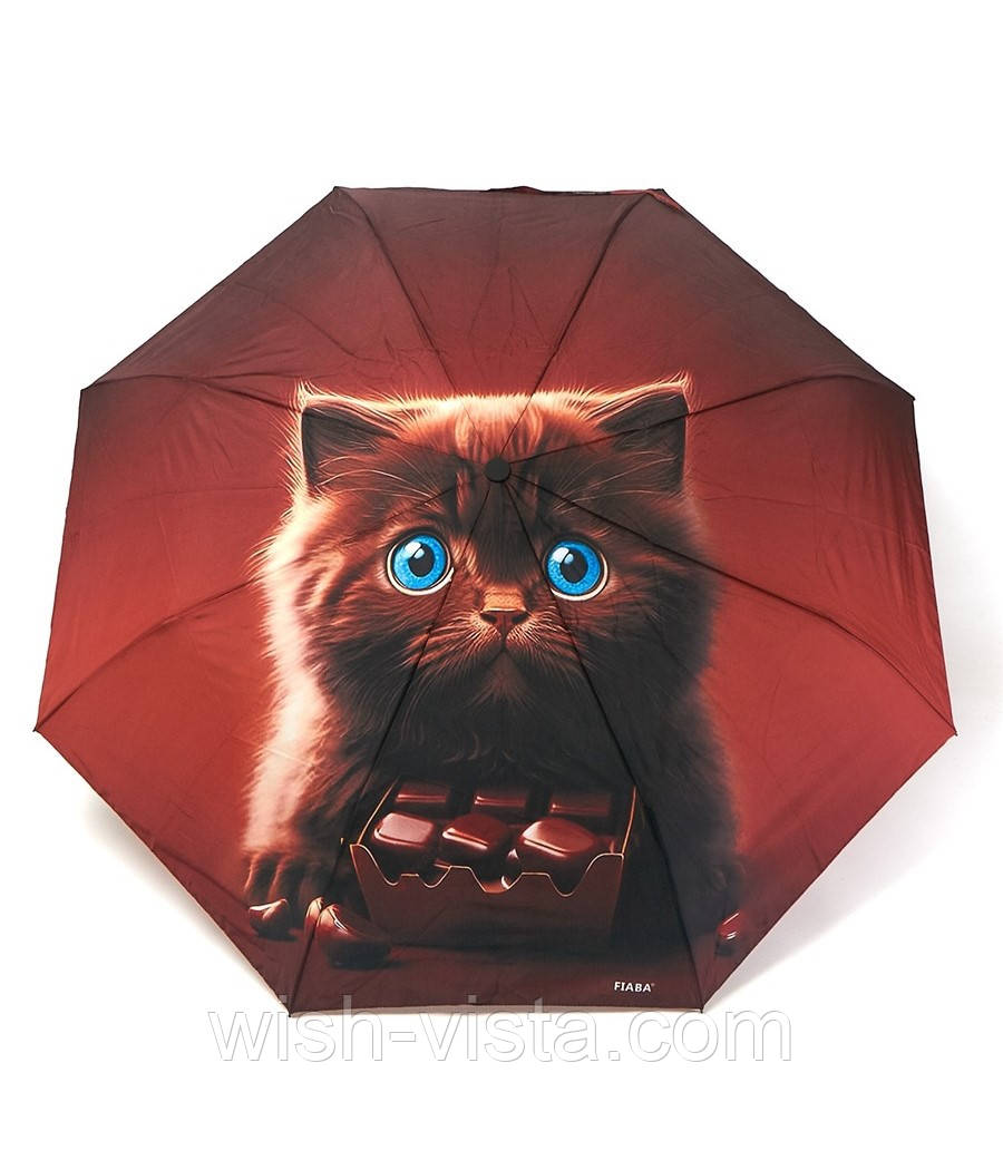 Парасолька жіноча напівавтомат Fiaba F23-028 з котом на 8 спиць Червона, фото 1