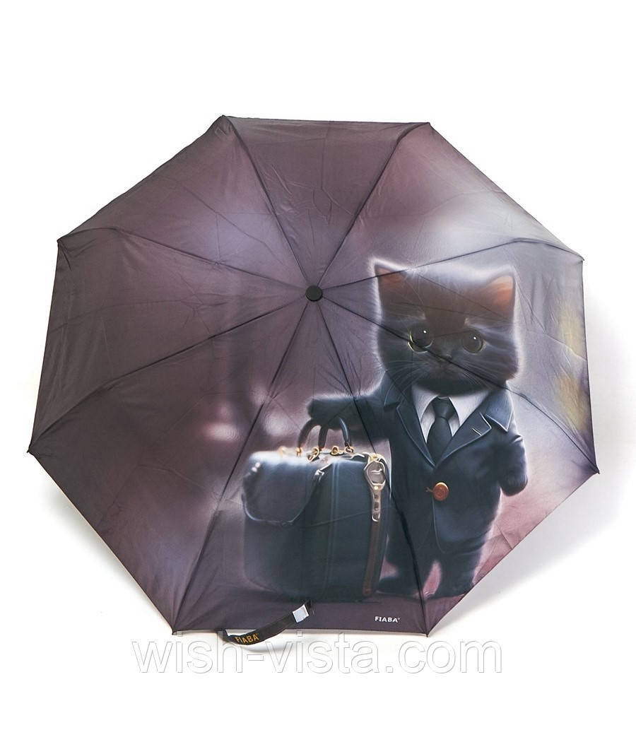 Парасолька жіноча напівавтомат Fiaba F23-028 з котом на 8 спиць Темно-пурпурова, фото 1