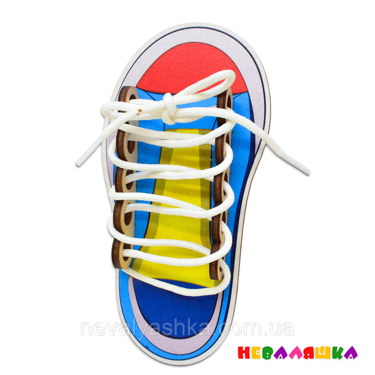 Кольорові Заготівлі для Бізіборду Дерев'яний Черевик зі Вставками Шнурівка Кеди 16 см + Шнурок Синій Жовтий Червоний