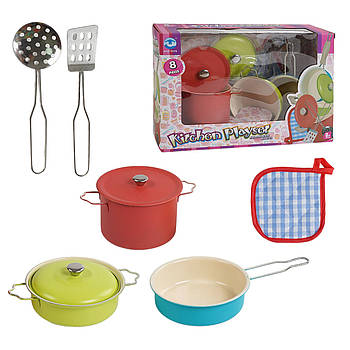 Дитячий набір посуду (металевий, 2 каструлі, 2 кришки, сковорода, 2 лопатки, рушник, в коробці) 1818-5