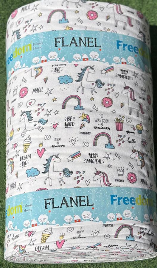 Дитяча м'яка білоземельна постільна тканина 240 см Фланель (байка) принт єдинороги, у рулоні 25 м