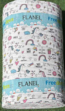 Дитяча м'яка білоземельна постільна тканина 240 см Фланель (байка) принт єдинороги, у рулоні 25 м, фото 1