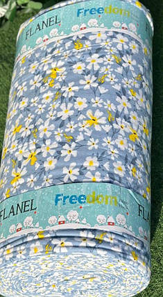 Принтована тканина 240см для постільної білизни синя Фланель (байка) 100% бавовна з малюнком дрібні польові білі квіти, рулон 25м, фото 1