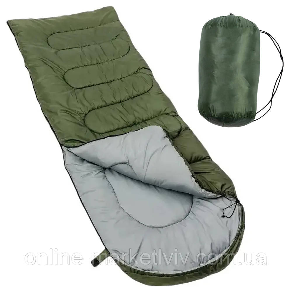 Спальний мішок демісезонний (200х60см)+ чохол, Хакі / Туристичний спальник з капюшоном / Спальник-ковдра, фото 1