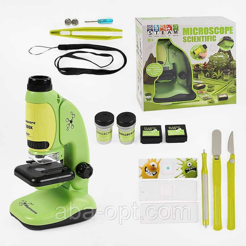 Мікроскоп 2209-1 (60/2) підсвічування, інструменти, 3 скельця, контейнери для зразків, викрутка, батарейки, інструкція, в коробці, фото 1