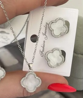 Сережки конюшини з білим конюшиною перламутром, ланцюг і кулон конюшина під срібло, фото 1