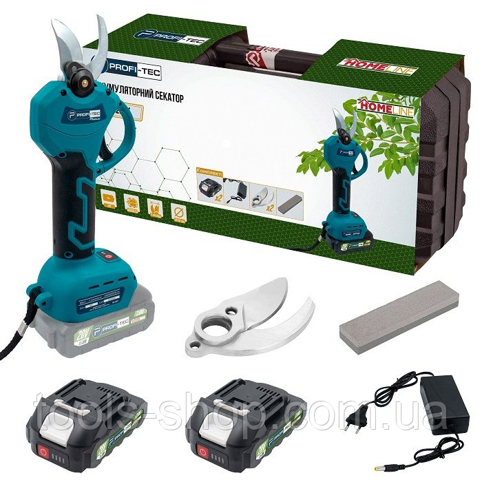 Акумуляторний ручний садовий секатор PROFI-TEC HES20BL HomeLine з АКБ 2 шт.-20 V 2.0 Аh+ЗУ діаметр різу 30/45 мм